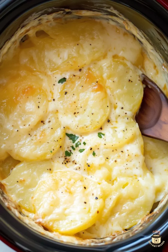 Slow Cooker Cheesy Scalloped Potatoes in a crockpot — creamy layers of thinly sliced potatoes baked with melted cheddar and mozzarella cheese, topped with parsley and black pepper. Perfect easy comfort food side dish for family dinners or holidays.
