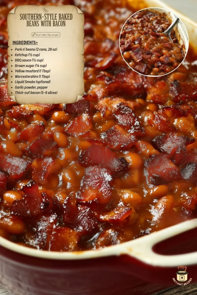 Close-up shot of Southern-style baked beans topped with crispy bacon pieces in a casserole dish, showing a thick, glossy sauce made from brown sugar, BBQ sauce, and ketchup.
