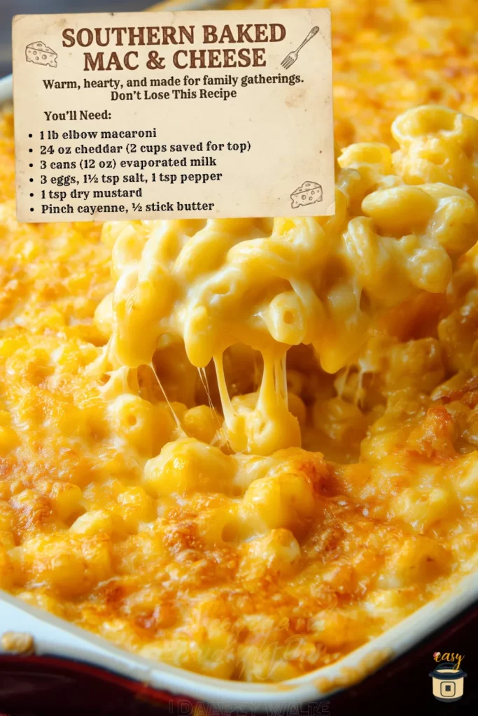 A close-up of creamy Southern baked macaroni and cheese in a casserole dish, with a golden brown crust, melted cheddar, and a spoon lifting a cheesy scoop.
