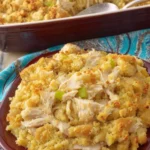 lassic chicken and dressing casserole fresh from the oven with crispy edges and tender chicken.