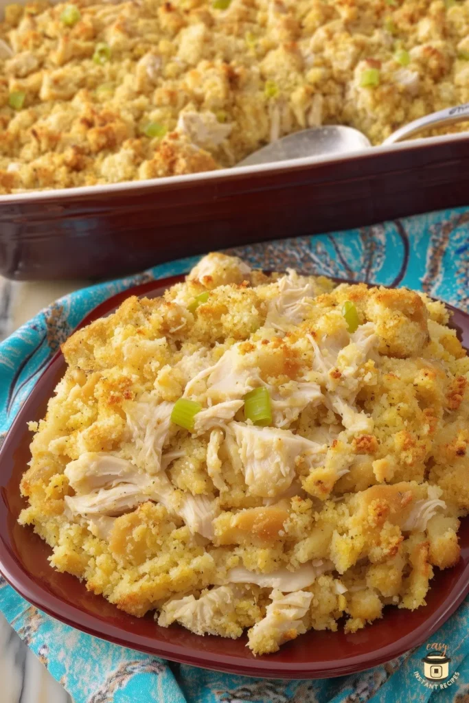 Serving a warm slice of Chicken and Dressing Casserole fresh from the oven.
