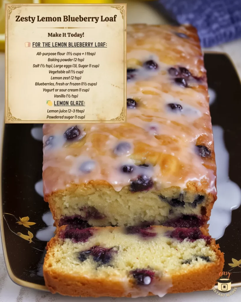 Freshly baked lemon blueberry loaf with lemon glaze drizzled on top.