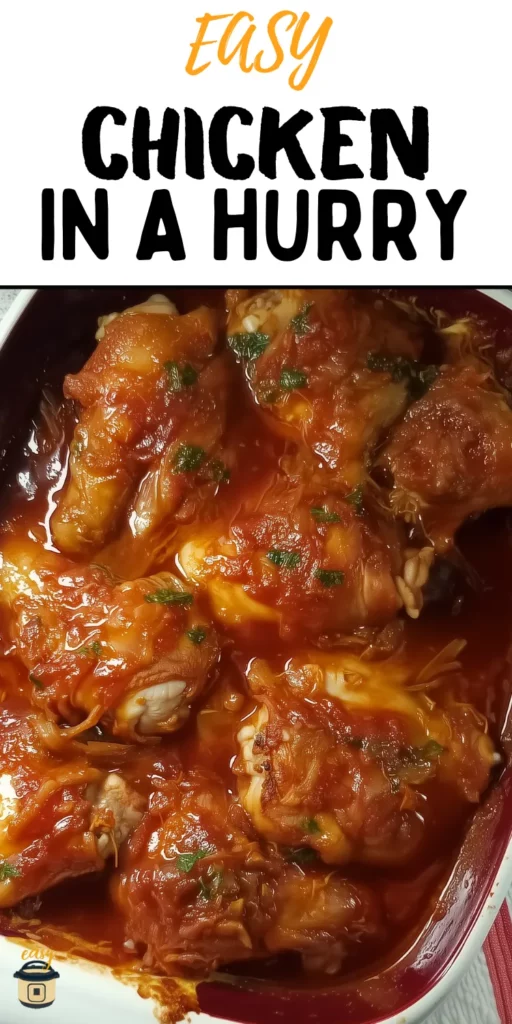 Easy Chicken in a Hurry Pinterest pin showing glazed chicken pieces in a baking dish with sweet tangy ketchup sauce.