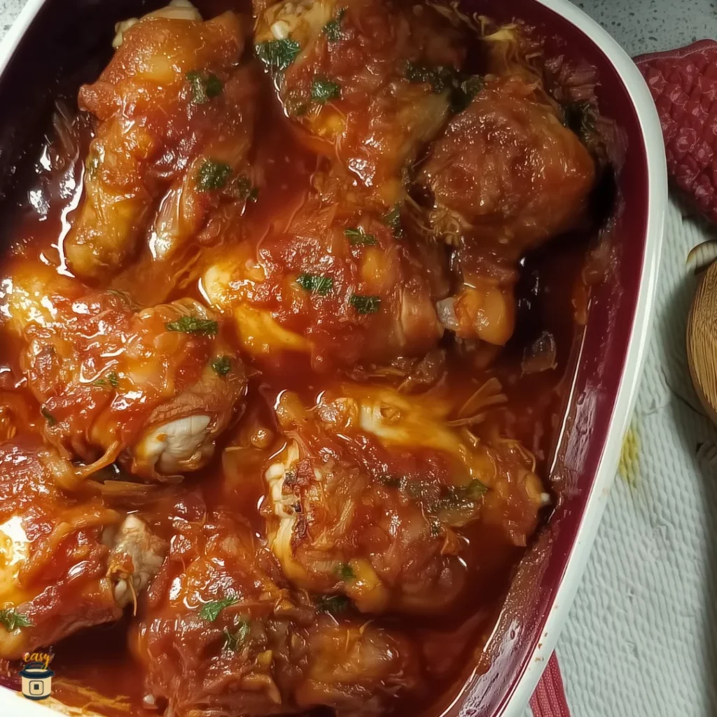Easy chicken in a hurry recipe in a burgundy baking dish with tender chicken pieces covered in glossy ketchup brown sugar glaze topped with fresh herbs.