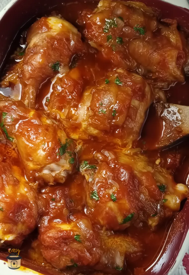 Chicken in a hurry - glazed chicken pieces in a red baking dish coated with tangy ketchup and brown sugar sauce, garnished with fresh parsley