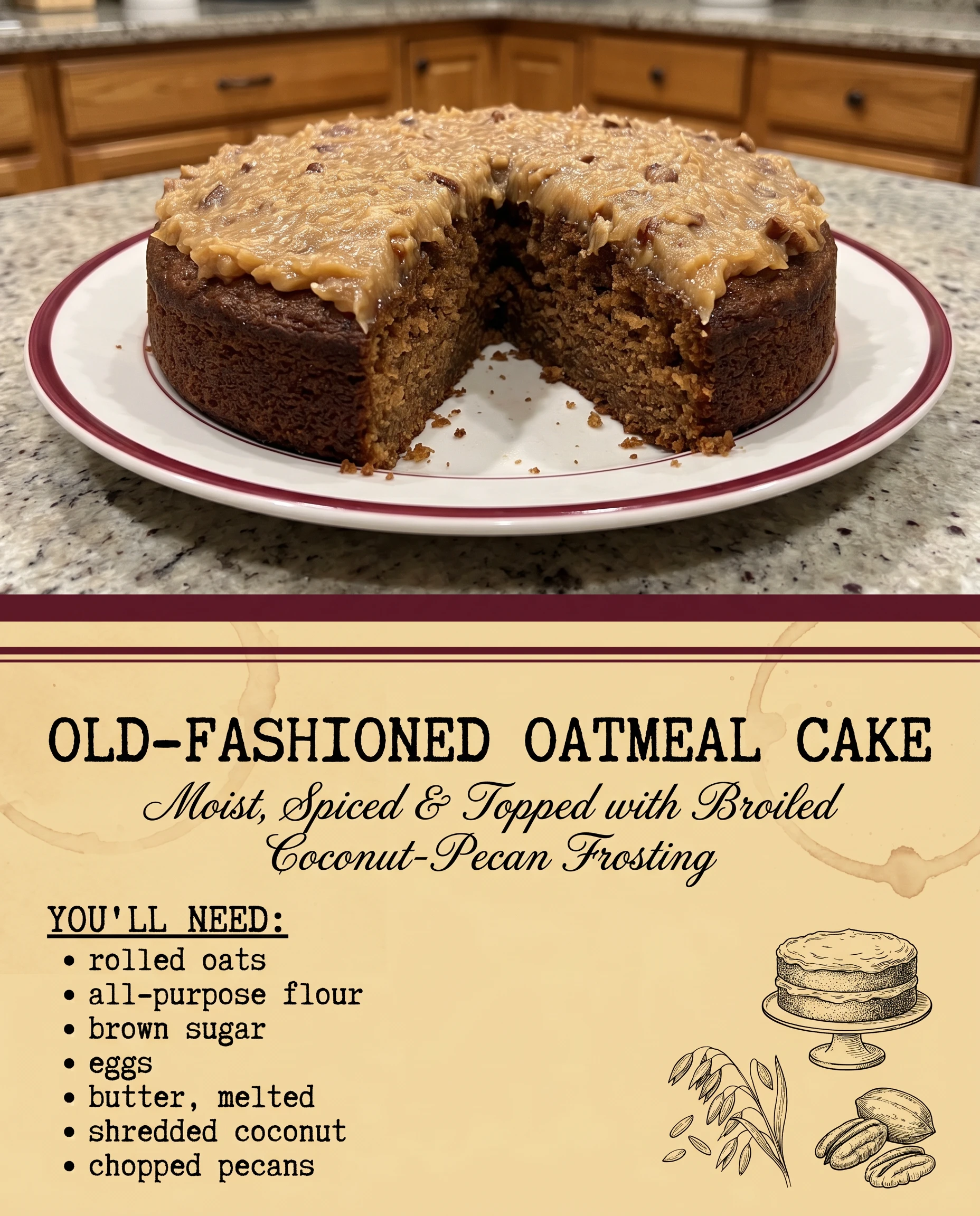 Old-Fashioned Oatmeal Cake recipe card