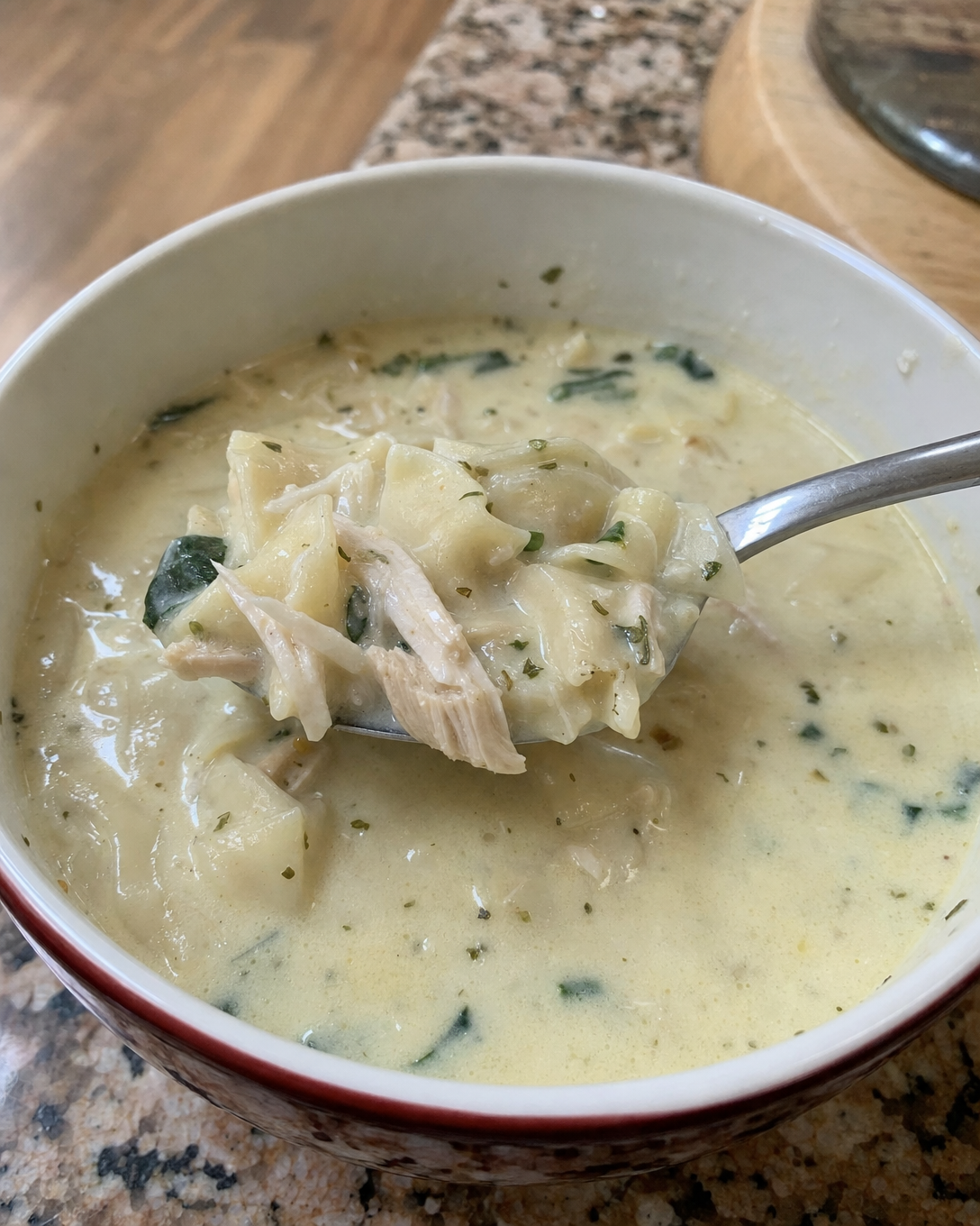 Crockpot White Chicken Lasagna Soup ready to serve